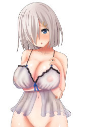 Rule 34 | 10s, 1girl, babydoll, bare shoulders, blue eyes, blush, breasts, cleavage, covered erect nipples, female focus, groin, hair over one eye, hamakaze (kancolle), hifumi kei, highres, hip focus, kantai collection, large breasts, looking at viewer, navel, nipples, open mouth, see-through, short hair, simple background, solo, white background