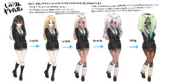 1girl absurdres bimbofication blonde_hair brown_hair character_request commentary_request copyright_request corruption dark-skinned_female dark_persona dark_skin eyelashes ganguro gradient_hair green_eyes gyaru happy highres kogal kuroko_(user_jtty5588) leg_tattoo long_hair looking_at_viewer loose_socks manba_gyaru multicolored_hair multiple_persona necktie school_uniform shoes skirt smile socks standing tattoo translation_request white_hair