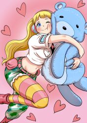 Rule 34 | 1girl, blonde hair, blue eyes, heart, hibari (one piece), highres, hug, navel, one piece, smile, solo, stomach, stuffed animal, stuffed toy, teddy bear