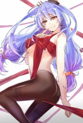 Rule 34 | 1girl, aer (tengqiu), blue hair, bow, breasts, brown pantyhose, finger to mouth, hair ornament, helena (warship girls r), highres, large breasts, long hair, looking at viewer, looking back, low twintails, pantyhose, red eyes, smile, solo, thighband pantyhose, topless, twintails, very long hair, warship girls r