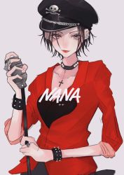 Rule 34 | 1girl, bad id, bad pixiv id, black choker, black hair, black hat, bracelet, breasts, choker, cleavage, cross, earrings, grey eyes, hat, highres, holding, holding microphone, jacket, jewelry, lipstick, looking at viewer, makeup, mano aaa, microphone, microphone stand, nana (series), osaki nana, red jacket, ring, short hair, simple background, sketch, small breasts, solo, spiked bracelet, spikes, standing