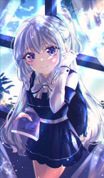 Rule 34 | 1girl, absurdres, bad id, bad pixiv id, blue dress, blush, book, day, dress, hair between eyes, highres, holding, holding book, huge filesize, indoors, light particles, long hair, looking at viewer, one side up, original, purple eyes, sidelocks, silver hair, smile, solo, window, wine (2148 wine)