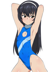 Rule 34 | 10s, 1girl, armpits, arms behind head, black hair, blush, breasts, brown eyes, casual one-piece swimsuit, cleavage cutout, clothing cutout, flat chest, girls und panzer, groin, hairband, highleg, highleg swimsuit, highres, kagemusha, navel, one-piece swimsuit, reizei mako, sideboob, smile, solo, standing, swimsuit