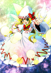 Rule 34 | 1girl, blonde hair, bow, capelet, commentary request, danmaku, dress, fairy wings, green eyes, hat, hat bow, lily white, long hair, long sleeves, solo, touhou, umigarasu (kitsune1963), very long hair, white dress, wide sleeves, wings