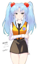 Rule 34 | 1girl, absurdres, arm behind back, black necktie, black skirt, blue hair, character name, closed mouth, collared shirt, commentary request, copyright name, ha01ru28, hair intakes, hand on own arm, highres, hoshino ruri, kidou senkan nadesico, light blue hair, long hair, long sleeves, miniskirt, necktie, shirt, sidelocks, simple background, skirt, solo, standing, straight-on, thigh gap, twintails, vest, white background, white shirt, yellow eyes, yellow vest