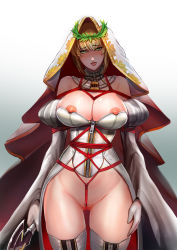 Rule 34 | 10s, 1girl, :p, badcompzero, blonde hair, breasts, bridal veil, censored, detached sleeves, fate/extra, fate/grand order, fate (series), gluteal fold, large breasts, looking at viewer, mosaic censoring, nero claudius (bride) (fate), nero claudius (fate), nero claudius (fate) (all), nipple slip, nipples, no panties, piercing, shibari, shibari over clothes, solo, strapless, sword, thigh gap, thighhighs, tongue, tongue out, tongue piercing, veil, weapon, zipper