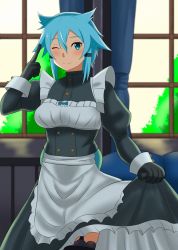 Rule 34 | 1girl, ;), alternate costume, apron, black gloves, black thighhighs, blue curtain, blue eyes, blue hair, blush, clothes lift, curtains, enmaided, garter straps, gloves, hair between eyes, hedgehog (harinezumi), highres, lace, lace-trimmed legwear, lace trim, maid, maid apron, one eye closed, pointing, pointing at viewer, short hair, sinon, skirt, skirt lift, smile, solo, sword art online, thighhighs, white apron, window