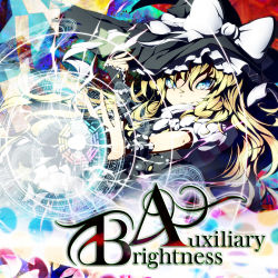 Rule 34 | 1girl, album cover, blonde hair, blue eyes, cover, english text, female focus, hat, holding, holding hat, jewelry, kirisame marisa, long hair, magic circle, mini-hakkero, outstretched arm, ring, solo, touhou, ugume
