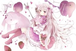 Rule 34 | 1girl, absurdres, bad id, bad pixiv id, blush, boots, brown footwear, closed mouth, commentary, envelope, food, fruit, full body, grey eyes, grey hair, hair between eyes, hair ornament, hairclip, heart, heart hair ornament, highres, knee boots, layered skirt, letter, long hair, looking at viewer, looking to the side, love letter, hugging object, original, painttool sai (medium), pennant, puffy short sleeves, puffy sleeves, purple skirt, short sleeves, skirt, solo, strawberry, string of flags, stuffed animal, stuffed rabbit, stuffed toy, symbol-only commentary, tsukiyo (skymint), very long hair, white background