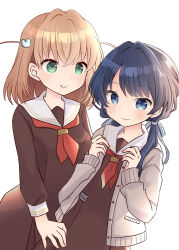 Rule 34 | 2girls, :&gt;, blue eyes, blue hair, blue ribbon, brown cardigan, brown dress, cardigan, closed mouth, commentary request, crossed bangs, dark blue hair, dress, green eyes, hair ornament, hair ribbon, hands up, hasu no sora school uniform, hinoshita kaho, link! like! love live!, long hair, long sleeves, looking at another, love live!, low twintails, medium hair, mole, mole on neck, multiple girls, murano sayaka, narita rumi, neckerchief, nervous smile, open cardigan, open clothes, orange hair, pleated dress, rabbit hair ornament, red neckerchief, ribbon, sailor collar, sailor dress, school uniform, simple background, smile, split mouth, sweatdrop, twintails, two side up, virtual youtuber, white background, white sailor collar, winter uniform