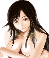 Rule 34 | 1990s (style), 1girl, bare shoulders, black hair, breast hold, breasts, brown eyes, cleavage, covering privates, final fantasy, final fantasy vii, lips, long hair, md5 mismatch, nose, open clothes, open shirt, portrait, realistic, retro artstyle, shirt, simple background, solo, tifa lockhart, tokita monta, upper body