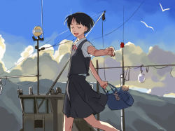 Rule 34 | 1girl, bag, black hair, boat, closed eyes, non-web source, outstretched arms, school uniform, serafuku, short hair, smile, solo, spread arms, takamichi, walking, watercraft