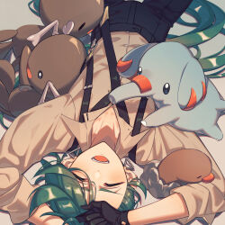 Rule 34 | 1girl, :d, ^ ^, arms up, asymmetrical bangs, black necktie, black pants, blush, buttons, closed eyes, collared shirt, commentary request, creatures (company), diglett, dress shirt, earrings, game freak, gen 1 pokemon, gen 2 pokemon, green hair, grey shirt, happy, highres, jewelry, long hair, long sleeves, lying, miri (cherryjelly), necktie, nintendo, on back, open mouth, paldean wooper, pants, parted bangs, phanpy, pokemon, pokemon (creature), pokemon sv, rika (pokemon), shirt, shirt tucked in, smile, suspenders, swept bangs, teeth, triangle earrings, upper teeth only, upside-down, very long hair