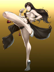 Rule 34 | 1girl, ass, bare shoulders, black dress, bracelet, breasts, brown eyes, brown hair, capcom, china dress, chinese clothes, chun-li, covered erect nipples, curvy, dress, gradient background, highres, jewelry, kicking, large breasts, long hair, no bra, official alternate costume, pelvic curtain, revealing clothes, sash, shisshou senkoku, sideboob, slippers, solo, spiked bracelet, spikes, street fighter, street fighter v, thighs, white footwear, yellow background