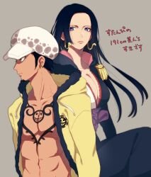 Rule 34 | 1boy, 1girl, abs, black hair, blue eyes, boa hancock, breasts, chest tattoo, cleavage, collarbone, commentary request, dress, earrings, facial hair, fur-trimmed jacket, fur trim, goatee, hat, highres, hood, jacket, jewelry, large breasts, long hair, looking at viewer, looking to the side, no shirt, one piece, one piece: stampede, piratesebine, purple sash, sash, snake earrings, tattoo, trafalgar law, very long hair, yellow eyes, yellow jacket