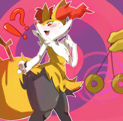 Rule 34 | !?, 1girl, afterimage, animal ear fluff, animal ears, animal hands, animal nose, black fur, blurry, blurry foreground, blush, body fur, braixen, claws, confused, creatures (company), disembodied hand, fang, female focus, flat chest, fox ears, fox girl, fox tail, furry, furry female, game freak, gen 1 pokemon, gen 6 pokemon, glint, hand up, highres, holding pendulum, hypno, hypnosis, looking down, mind control, multicolored fur, navel, neck fur, nintendo, open mouth, outline, pink background, pokemon, pokemon (creature), purple background, red eyes, ringed eyes, smile, snout, solo focus, stick, stomach, sweat, tail, tale (b8codomu), thick thighs, thighs, two-tone background, white fur, white outline, yellow fur