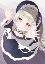 Rule 34 | 1girl, :t, absurdres, alternate costume, azur lane, black dress, black headwear, blunt bangs, child, classic (zildjian33), dress, enmaided, from above, gradient background, grey hair, highres, incoming hug, little formidable (azur lane), maid, pout, red eyes, twintails