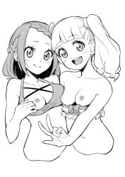 Rule 34 | 2girls, :d, aikatsu! (series), aikatsu friends!, bikini, bikini pull, bikini top only, blunt bangs, bow, bow bikini, braid, braided bangs, breasts, breasts out, closed mouth, clothes pull, cropped torso, french braid, frilled bikini, frills, front braid, greyscale, hair bow, halterneck, hand up, happy, highres, minato mio, monochrome, multiple girls, navel, nipples, one breast out, open mouth, round teeth, side ponytail, simple background, small breasts, smile, stomach, strapless, strapless bikini, swimsuit, teeth, ukokkei, upper body, upper teeth only, w, yuki aine
