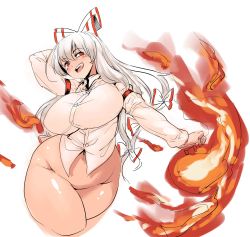 Rule 34 | 1girl, :d, anchors (mono eye os), arm behind head, arm up, blush, bottomless, breasts, buttons, collared shirt, cowboy shot, cropped legs, curvy, dress shirt, eyebrows, fire, fujiwara no mokou, groin, hair between eyes, highres, large breasts, long hair, long sleeves, navel, no pussy, ofuda, open mouth, red eyes, shirt, simple background, smile, solo, stomach, straight hair, teeth, thick thighs, thighs, touhou, white background, white hair, white shirt, wide hips