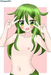 Rule 34 | 1girl, blush, breasts, double v, female focus, flat chest, green eyes, green hair, green male swimwear, green swim trunks, highres, kantai collection, long hair, looking at viewer, male swimwear, male swimwear challenge, mimumu, nagatsuki (kancolle), nipples, open mouth, pink background, simple background, solo, source request, swim trunks, swimsuit, topless, v, white background
