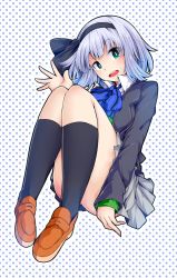 Rule 34 | 1girl, alternate costume, ass, black hairband, black jacket, black ribbon, blazer, blue bow, blue bowtie, blush, bow, bowtie, breasts, brown footwear, commentary request, contemporary, convenient leg, green eyes, grey skirt, hair ribbon, hairband, hand up, head tilt, highres, ishimu, jacket, kneehighs, knees up, konpaku youmu, loafers, long sleeves, medium breasts, miniskirt, open mouth, pleated skirt, polka dot, polka dot background, ribbon, school uniform, shoes, silver hair, sitting, skirt, socks, solo, striped bow, striped bowtie, striped clothes, striped neckwear, thighs, touhou, white background, wing collar