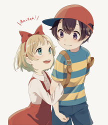 Rule 34 | 1boy, 1girl, :d, aqua eyes, arm grab, backpack, bag, baseball cap, black eyes, black hair, blonde hair, blue shorts, bow, brother and sister, collared shirt, dress, grey background, hair between eyes, happy, hat, highres, long sleeves, looking at another, mother (game), mother 2, ness (mother 2), nintendo, open mouth, red dress, red headwear, shifumame, shirt, short hair, short sleeves, shorts, siblings, simple background, smile, striped clothes, striped shirt, teeth, text background, tongue, tracy, white shirt