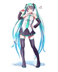 Rule 34 | 1girl, aqua hair, aqua nails, bare shoulders, black thighhighs, detached sleeves, flexing, hand on own hip, hard-translated, hatsune miku, highres, long hair, looking at viewer, muscular, nail polish, necktie, shirt, simple background, skirt, smile, solo, text focus, thighhighs, third-party edit, translated, twintails, very long hair, vocaloid, white background, wokada, zettai ryouiki