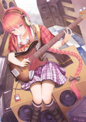 Rule 34 | 1girl, absurdres, amplifier, black socks, boots, bow, bowtie, bracelet, cinderella series, claw ring, closed mouth, collared shirt, electric guitar, enuno (nuno0099), feet out of frame, guitar, hachigatsu no cinderella nine, headphones, highres, holding, holding instrument, instrument, jacket, jewelry, kurashiki maiko, long hair, looking at viewer, mouth hold, pink eyes, plaid, plaid skirt, plectrum, purple skirt, red hair, shirt, sitting, skirt, smile, socks, solo, speaker, twitter username, very long hair, white shirt