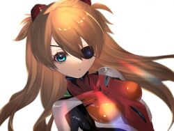 Rule 34 | 1girl, artist request, blue eyes, bodysuit, breasts, brown hair, evangelion: 3.0 you can (not) redo, eyepatch, highres, interface headset, long hair, medium breasts, neon genesis evangelion, plugsuit, rebuild of evangelion, red bodysuit, shiny clothes, solo, souryuu asuka langley, very long hair, white background