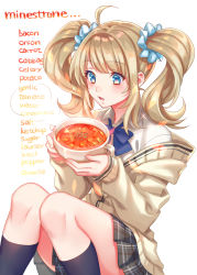 Rule 34 | 1girl, ahoge, black skirt, black socks, blonde hair, blue bow, blue bowtie, blush, bow, bowl, bowtie, cardigan, collared shirt, english text, food, hair ornament, hair scrunchie, highres, holding, holding bowl, holding food, kneehighs, knees up, long hair, minestrone, miniskirt, open mouth, original, plaid, plaid skirt, pleated skirt, scrunchie, shirt, sidelocks, simple background, sitting, skirt, sleeves past wrists, socks, solo, suzaku (zaku6584), twintails, wavy hair, white background, white shirt