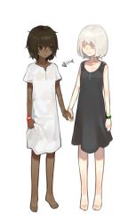 Rule 34 | 2girls, :o, aged down, albino, bad id, bad pixiv id, barefoot, black dress, black eyes, black hair, bracelet, child, couple, dark-skinned female, dark skin, dress, fish scales, full body, holding hands, interracial, jewelry, looking at another, micchan (ohisashiburi), multiple girls, nacchan (ohisashiburi), ohisashiburi, original, pale skin, parted lips, red eyes, short hair, short sleeves, simple background, skirt hold, sleeveless, smile, standing, white background, white dress, white hair, yuri