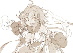 1girl :d abara_heiki animal_ears animal_hands antenna_hair bare_shoulders breasts cleavage dog_ears dog_girl gloves kaori_(princess_connect!) looking_at_viewer monochrome open_mouth parted_bangs paw_gloves princess_connect! simple_background sketch smile solo upper_body white_background