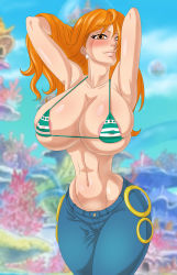 Rule 34 | 1girl, absurdres, bare arms, bare shoulders, blush, breasts, cleavage, curvy, highres, huge breasts, karuro-kun, large breasts, long hair, looking at viewer, nami (one piece), nude, one piece, orange hair, smile, solo, tattoo, thick thighs, thighs, wide hips