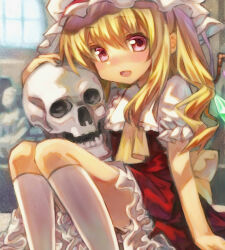 Rule 34 | 1girl, ascot, back bow, blonde hair, bow, collared shirt, denchu (kazudentyu), feet out of frame, flandre scarlet, frilled shirt collar, frilled skirt, frilled sleeves, frills, glowing, glowing wings, hair between eyes, hat, hat ribbon, highres, holding, holding skull, kneehighs, long hair, looking at viewer, making-of available, mob cap, multicolored wings, open mouth, puffy short sleeves, puffy sleeves, red eyes, red ribbon, red skirt, red vest, ribbon, shirt, short sleeves, skirt, skull, smile, socks, solo, touhou, vest, white bow, white hat, white shirt, white socks, wings, yellow ascot