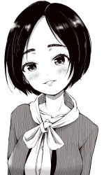 Rule 34 | 1girl, birthday, black hair, blush, breasts, collarbone, commentary, highres, long sleeves, looking at viewer, medium breasts, monochrome, real life, scarf, shiiba aki, short hair, smile, solo, upper body, voice actor, yuuki aoi