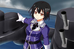 Rule 34 | 10s, 1girl, black hair, brown eyes, gloves, gradient background, haguro (kancolle), haguro kai ni (kancolle), hair ornament, hairclip, kantai collection, machinery, nishi koutarou, outstretched arm, short hair, skirt, solo, upper body, water, white gloves