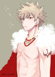 Rule 34 | 1boy, arm tattoo, bakugou katsuki, bead necklace, beads, beige background, blonde hair, boku no hero academia, earrings, grey background, highres, jewelry, looking at viewer, male focus, multiple necklaces, necklace, pectorals, red eyes, simple background, solo, sparkle, spiked hair, tattoo, topless male, twitter username, ume (326310)