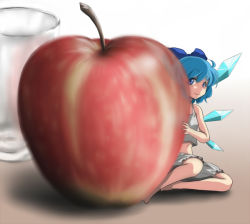 Rule 34 | 1girl, ao usagi, apple, barefoot, bloomers, blue eyes, blue hair, cirno, food, fruit, glass, hair ribbon, hiding, ice, ice wings, matching hair/eyes, mini person, minigirl, realistic, reflection, ribbon, sitting, smile, solo, touhou, underwear, underwear only, wings