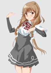 Rule 34 | 1girl, absurdres, arm warmers, bow, bowtie, braid, brown eyes, cloud hair ornament, commentary request, cowboy shot, grey background, highres, kantai collection, light brown hair, long hair, minegumo (kancolle), parted lips, plaid, plaid bow, plaid bowtie, plaid neckwear, pleated skirt, red bow, red bowtie, school uniform, shirt, simple background, skirt, solo, standing, sui (sui27shika), suspender skirt, suspenders, twin braids, white shirt