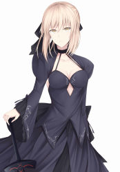 Rule 34 | 1girl, artoria pendragon (fate), black bow, black ribbon, black shirt, black skirt, black sleeves, bow, breasts, character cutout, choker, cleavage, collarbone, excalibur morgan (fate), fate/stay night, fate (series), formal, hair between eyes, hair ribbon, halterneck, hand on hilt, highres, kanpyou (hghgkenfany), long skirt, looking at viewer, medium breasts, ribbon, saber alter, shirt, shrug (clothing), sidelocks, silver hair, simple background, skirt, skirt suit, sleeveless, sleeveless shirt, solo, standing, suit, white background, yellow theme