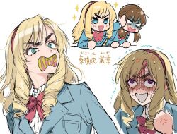 2girls anger_vein angry billionaire_touyokoin_reika blank_eyes blazer blonde_hair blue_eyes blue_jacket bow bowtie brown_hair character_name clenched_hand commentary_request frown furigana furious gloom_(expression) hairband hand_up hirata_namiko jacket long_hair long_sleeves low_twintails multiple_girls multiple_views okiraku_boy open_mouth purple_eyes pushing_away pushing_face red_bow red_bowtie red_hairband ringlets school_uniform shaded_face simple_background smile sparkle sweat text_in_mouth thick_eyebrows touyokoin_reika translation_request trembling twintails v-shaped_eyebrows wall-eyed white_background