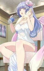Rule 34 | 10s, 1girl, absurdres, blue eyes, blue hair, bottle, breasts, chair, cleavage, collarbone, date a live, highres, izayoi miku, large breasts, matching hair/eyes, shiny skin, shirt, sitting, sleeveless, sleeveless shirt, solo, tank top, thighs, towel, water, water bottle, wet, wet clothes, wet hair, wet shirt