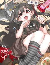 Rule 34 | 1girl, :d, animal, black hair, black shirt, cat, fang, girutea, highres, holding, k-on!, kneehighs, long hair, looking at viewer, lying, nakano azusa, on back, open mouth, paw pose, pocky day, red eyes, shirt, smile, socks, twintails