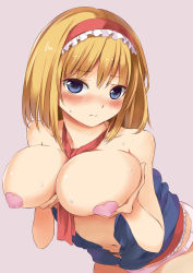 Rule 34 | 1girl, absurdres, alice margatroid, bad id, bad pixiv id, between breasts, blonde hair, blue eyes, blush, breast hold, breasts, embarrassed, hairband, heart pasties, highres, leaning forward, looking at viewer, navel, panties, pasties, pink panties, red neckwear, simple background, solo, sweat, techi (techi35499), topless, touhou, underwear