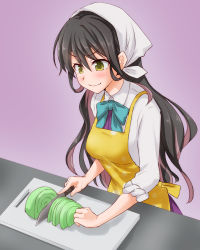 Rule 34 | 1girl, anti (untea9), apron, aqua bow, aqua bowtie, black hair, bow, bowtie, breasts, cabbage, collared shirt, cutting board, highres, holding, holding knife, kantai collection, kitchen knife, knife, large breasts, long hair, long sleeves, multicolored hair, naganami (kancolle), pink hair, purple background, school uniform, shirt, simple background, sleeves rolled up, solo, v-shaped eyebrows, white shirt, yellow eyes