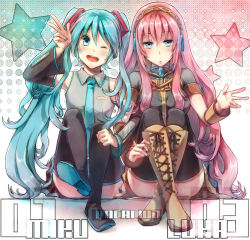 Rule 34 | 2girls, aqua eyes, aqua hair, bad id, bad pixiv id, blue eyes, boots, character name, cross-laced footwear, detached sleeves, ee yy422, hatsune miku, knee boots, lace-up boots, long hair, megurine luka, multiple girls, necktie, open mouth, pink hair, sitting, skirt, star (symbol), thigh boots, thighhighs, twintails, v, very long hair, vocaloid, wink