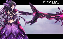 Rule 34 | 1girl, armor, armored dress, black hair, bow, butt crack, dark persona, date a live, dress, floating hair, hair bow, highres, miying (13975192760), purple bow, purple eyes, see-through, see-through dress, shoulder armor, solo, sword, weapon, yatogami tooka, yatogami tooka (true form)