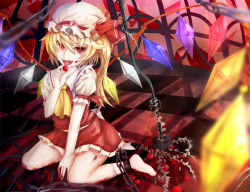 Rule 34 | 1girl, ascot, bad id, bad pixiv id, blonde hair, chain, crystal, cuffs, female focus, flandre scarlet, hat, hat ribbon, kneeling, laevatein, open mouth, puffy sleeves, red eyes, ribbon, short hair, short sleeves, side ponytail, solo, tongue, touhou, wakame mi, wings