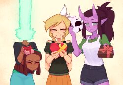 Rule 34 | 3girls, arms behind back, black shirt, blonde hair, blush, box, bra strap, braid, brown hair, closed eyes, closed mouth, dreadlocks, dullahan, extra arms, fang, fire, green shirt, grey hair, heart-shaped box, highres, holding, holding box, horns, jade (xyronii), jewelry, kora (xyronii), mask, monster girl, multiple girls, necklace, nelly (xyronii), nose, original, pointy ears, ponytail, shirt, shorts, sidelocks, tank top, twin braids, unworn mask, xyronii