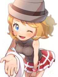 Rule 34 | 1girl, ;d, bare shoulders, blonde hair, blue eyes, blurry, blush, bracelet, breasts, chitozen (pri zen), commentary request, cowboy shot, creatures (company), depth of field, eyelashes, from above, game freak, gen 6 pokemon, grey headwear, happy, hat, highres, jewelry, leaning forward, looking at viewer, medium hair, nintendo, one eye closed, open mouth, pleated skirt, pokemon, pokemon (anime), pokemon (creature), pokemon journeys, pokemon swsh105, reaching, reaching towards viewer, red skirt, serena (pokemon), simple background, skirt, sleeveless, sleeveless turtleneck, smile, standing, sweater vest, sylveon, tongue, turtleneck, twitter username, watermark, wink